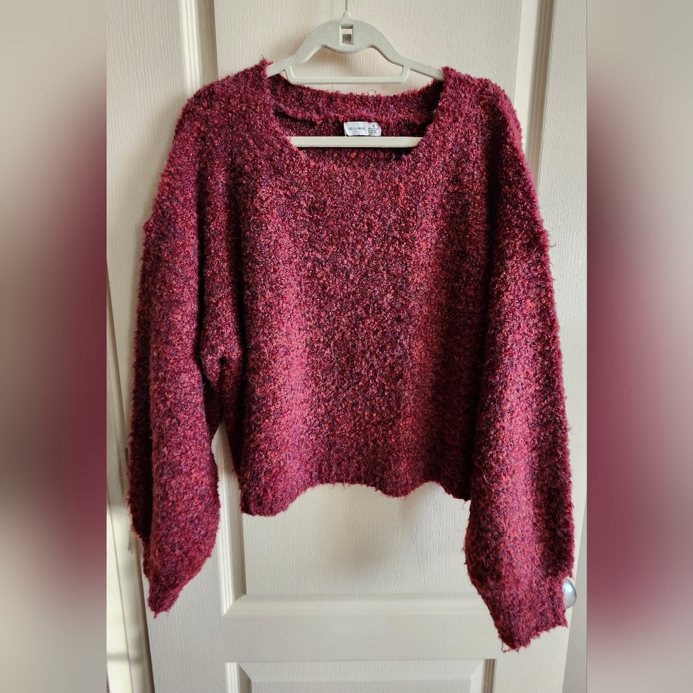 GENTLE FAWN Cozy Marled Burgundy Boucle Knit Cropped Sweater. Size XL.